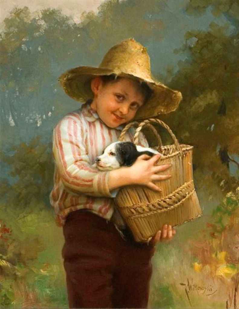 Painting boy with dog Karl Witkowski - Happy Days, c1909